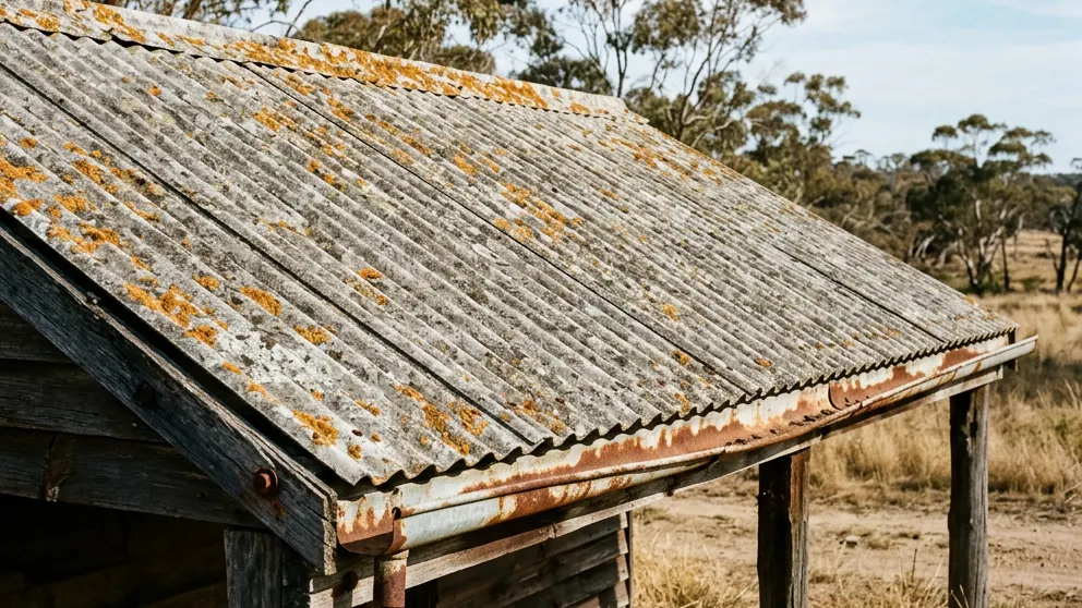 Weathered corrugated asbestos cement roof on an old farm shed, with lichen and a rusty gutter