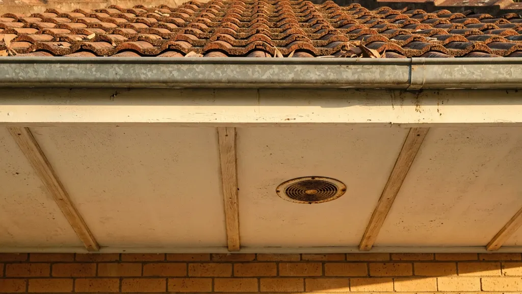Painted eaves lining with timber joining battens and a round vent on a brick-veneer house
