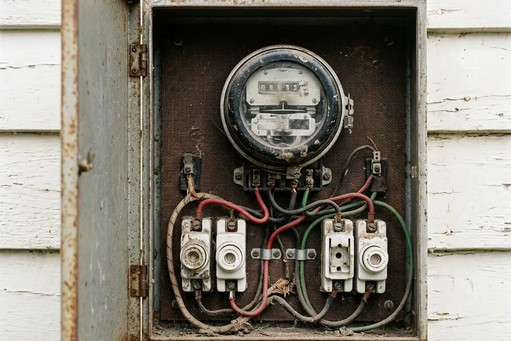 Open meter box with an analogue meter and ceramic fuses on a dark backing board