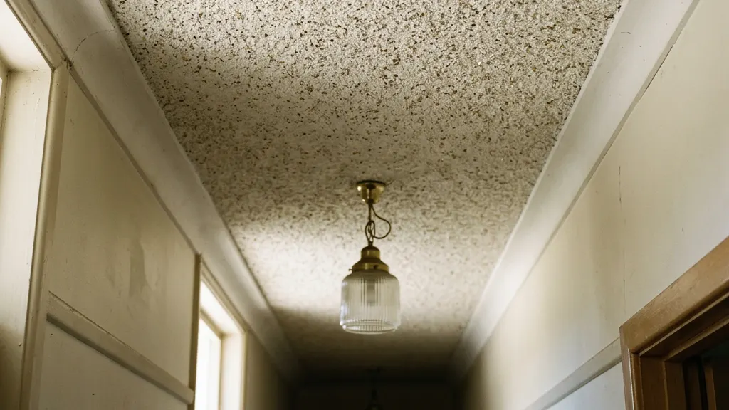 Grainy, flecked vermiculite texture on a hallway ceiling