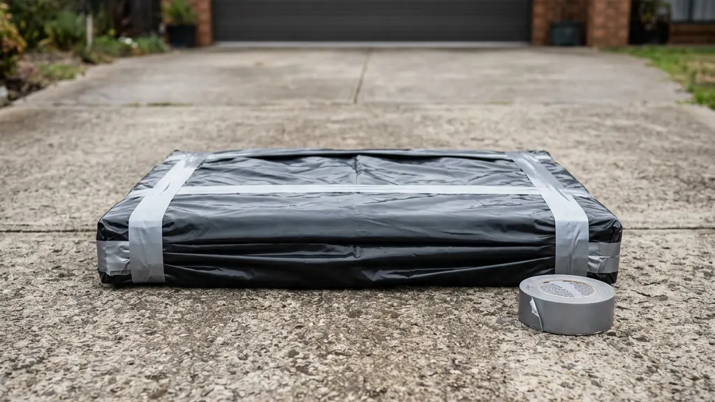 Fibro sheets double-wrapped in heavy plastic and taped, ready for disposal